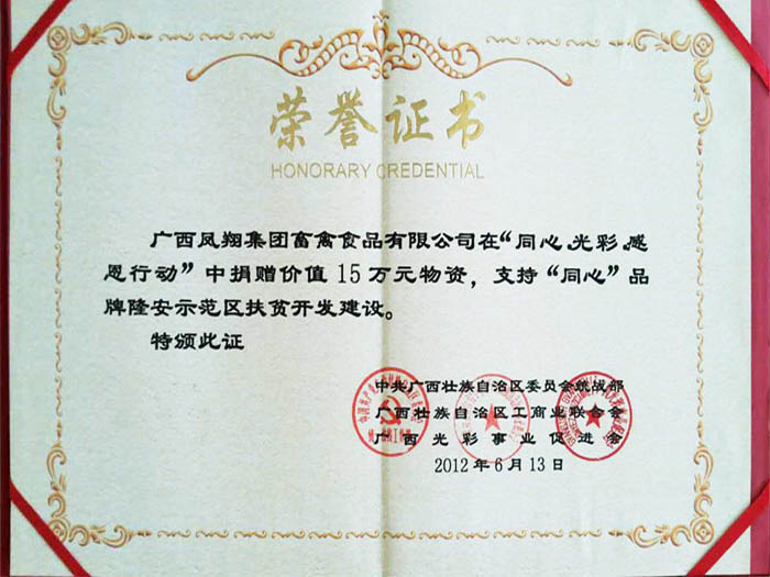 凤翔集团捐赠隆安同心品牌隆安示范区扶贫开发建设荣誉证书